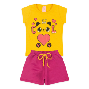 Conjunto Infantil Verão Feminino Ursinho Cool - Amarelo